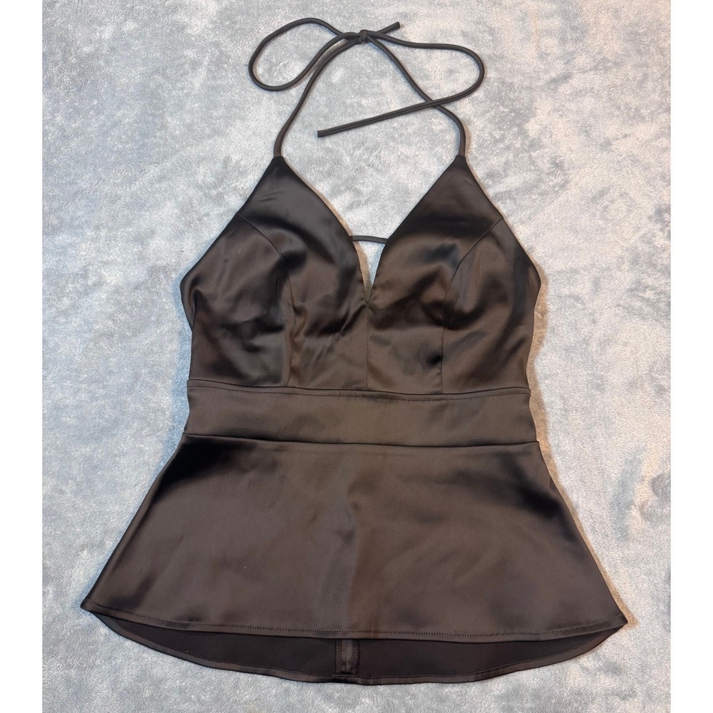 Express Satin Halter Peplum Top 0 Black V-Neck Back Zip